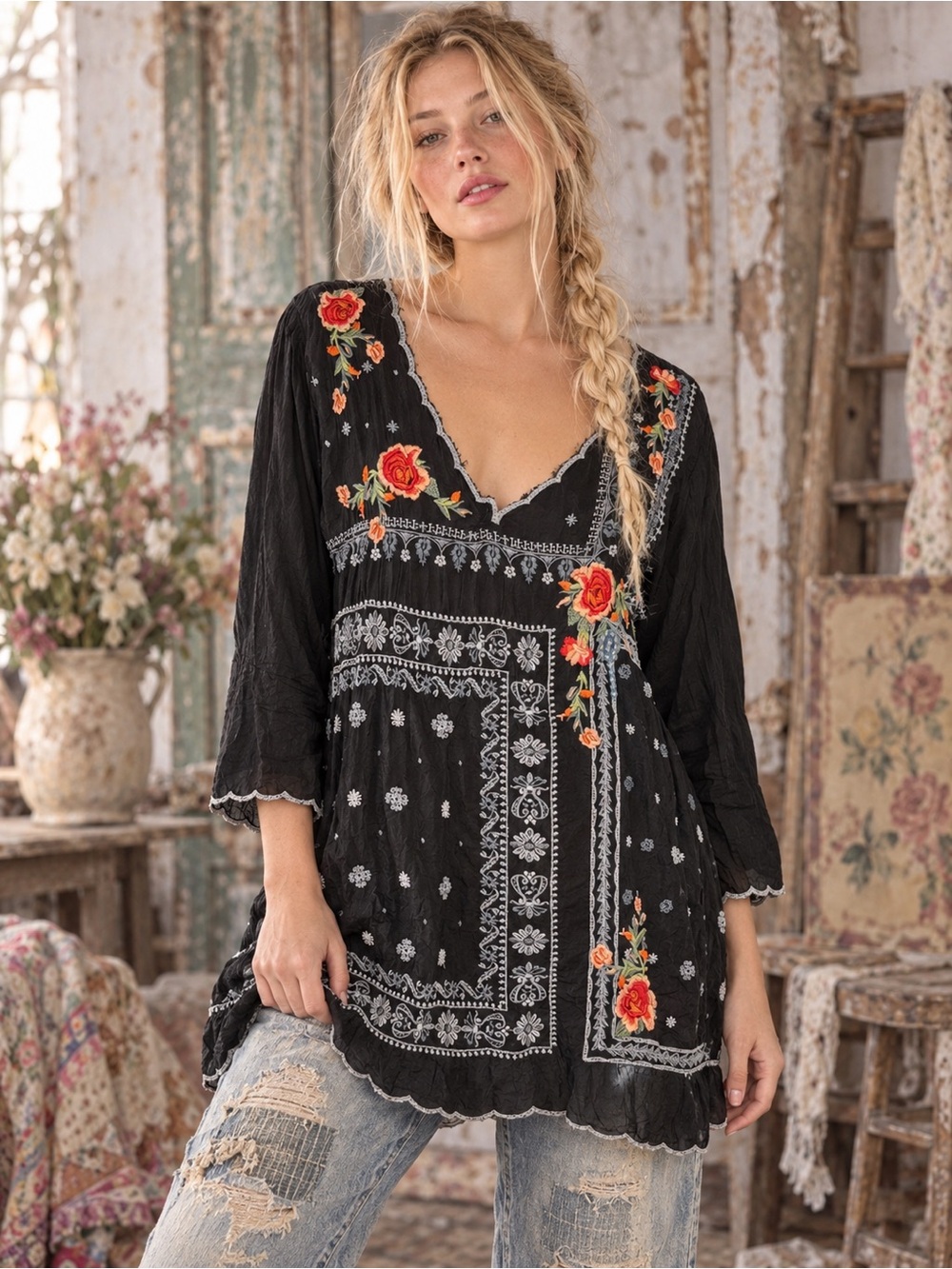 Johnny Was Bennett Embroidered Tunic Blouse Black Floral Boho Size Large